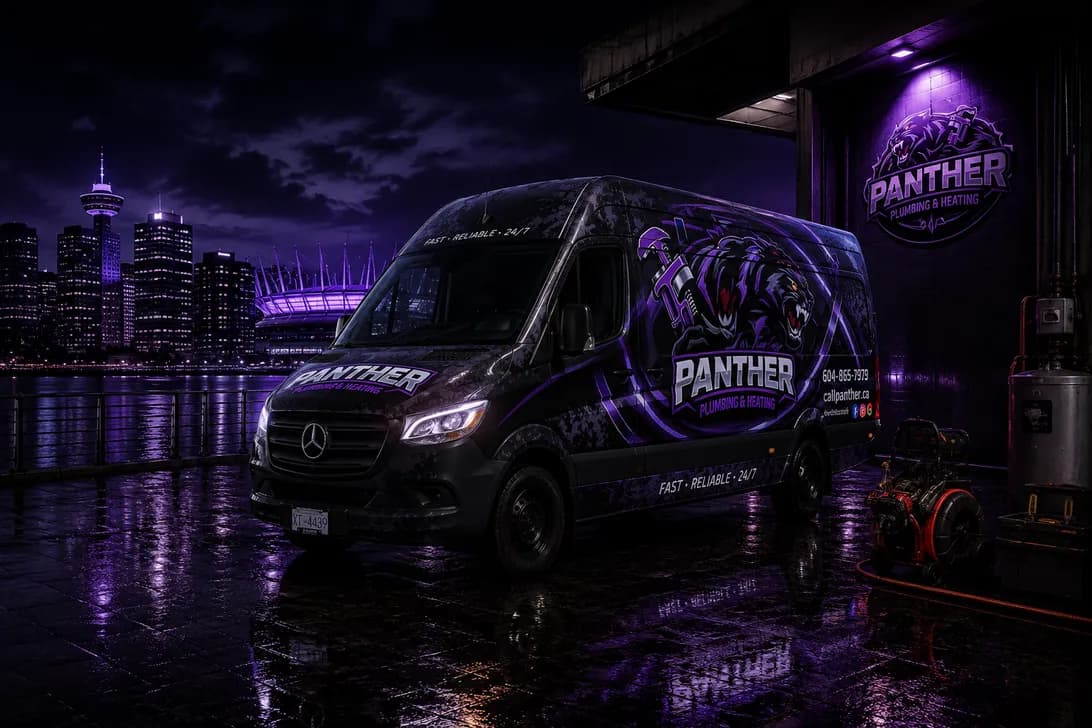 The branded Panther Sprinter van on the Vancouver waterfront at night